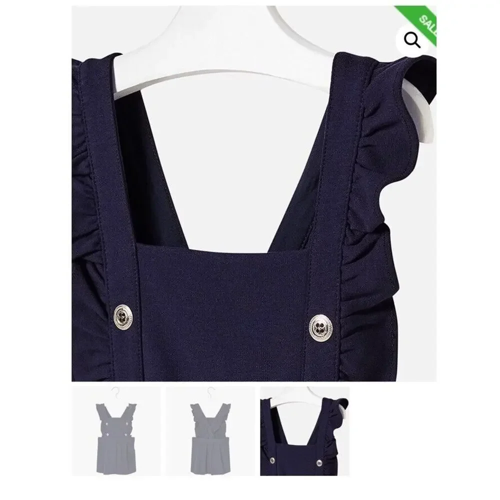 Girls Mayoral Pinafore Shorts, Navy, Size 2 Overalls Coveralls One piece Ruffles